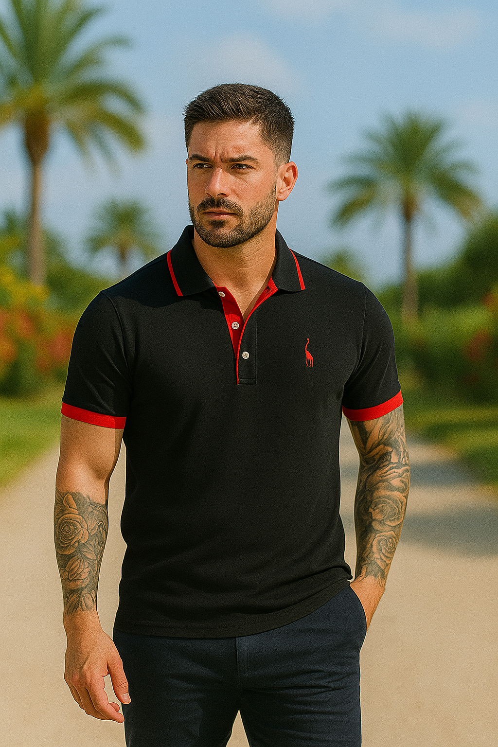 Polo homme à détails contrastés — noir et rouge