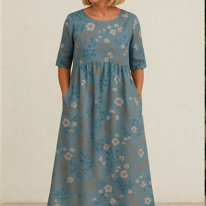 Elegantes, fließendes, mittellanges Leinenkleid mit Blumenmuster