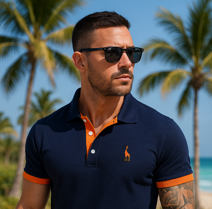Polo homme à détails contrastés — bleu marine et orange