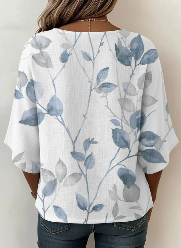 Damen Leichtes Lockeres Shirt mit Blattmuster, Rundhalsausschnitt und halblangen Ärmeln