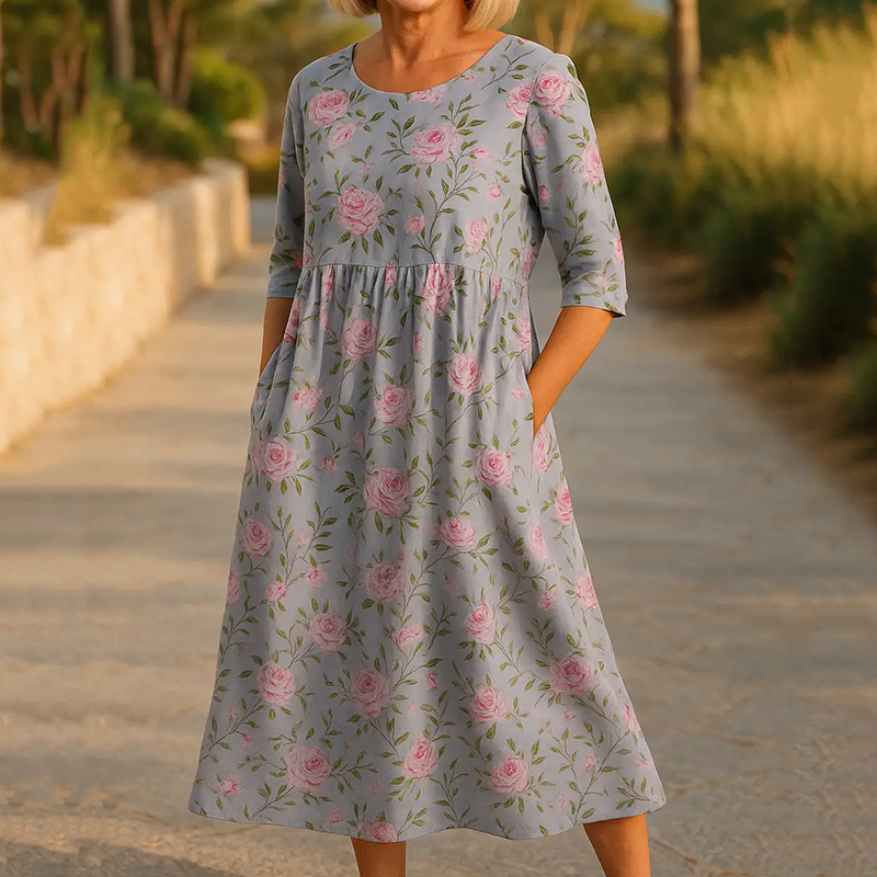 Elegantes, fließendes, mittellanges Leinenkleid mit Blumenmuster