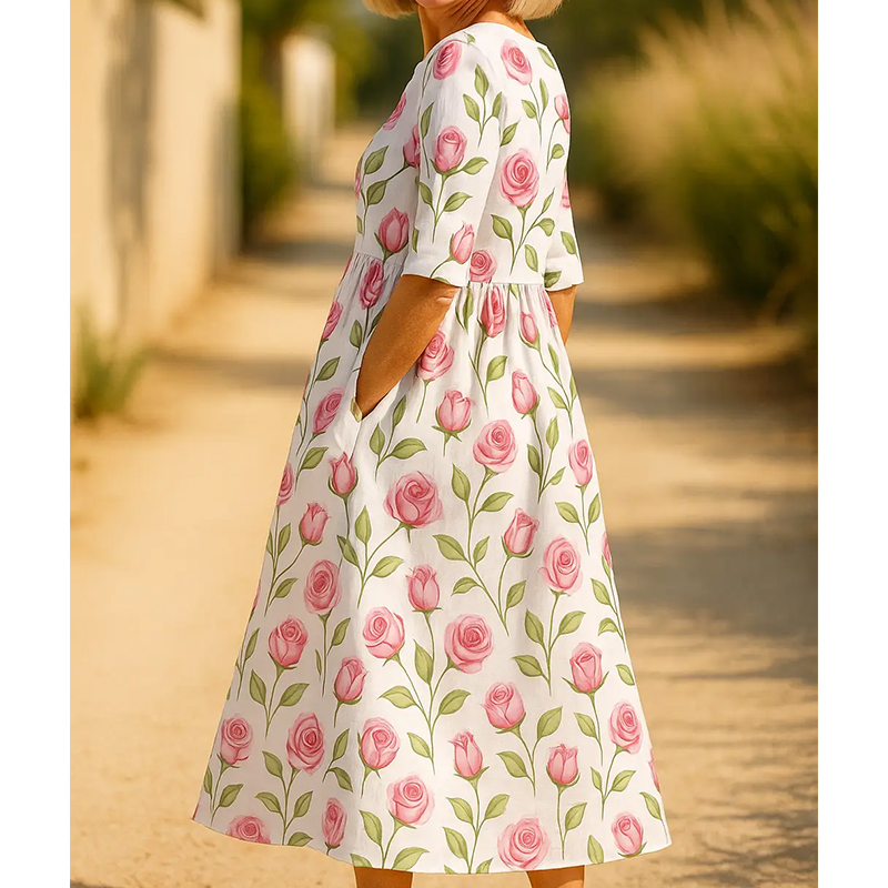 Elegantes, fließendes, mittellanges Leinenkleid mit Blumenmuster