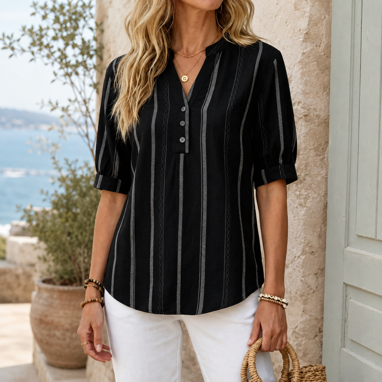 🌿 Blouse Rayée Chic Femme – Col V Élégant, Coupe Ample & Confort Léger ✨
