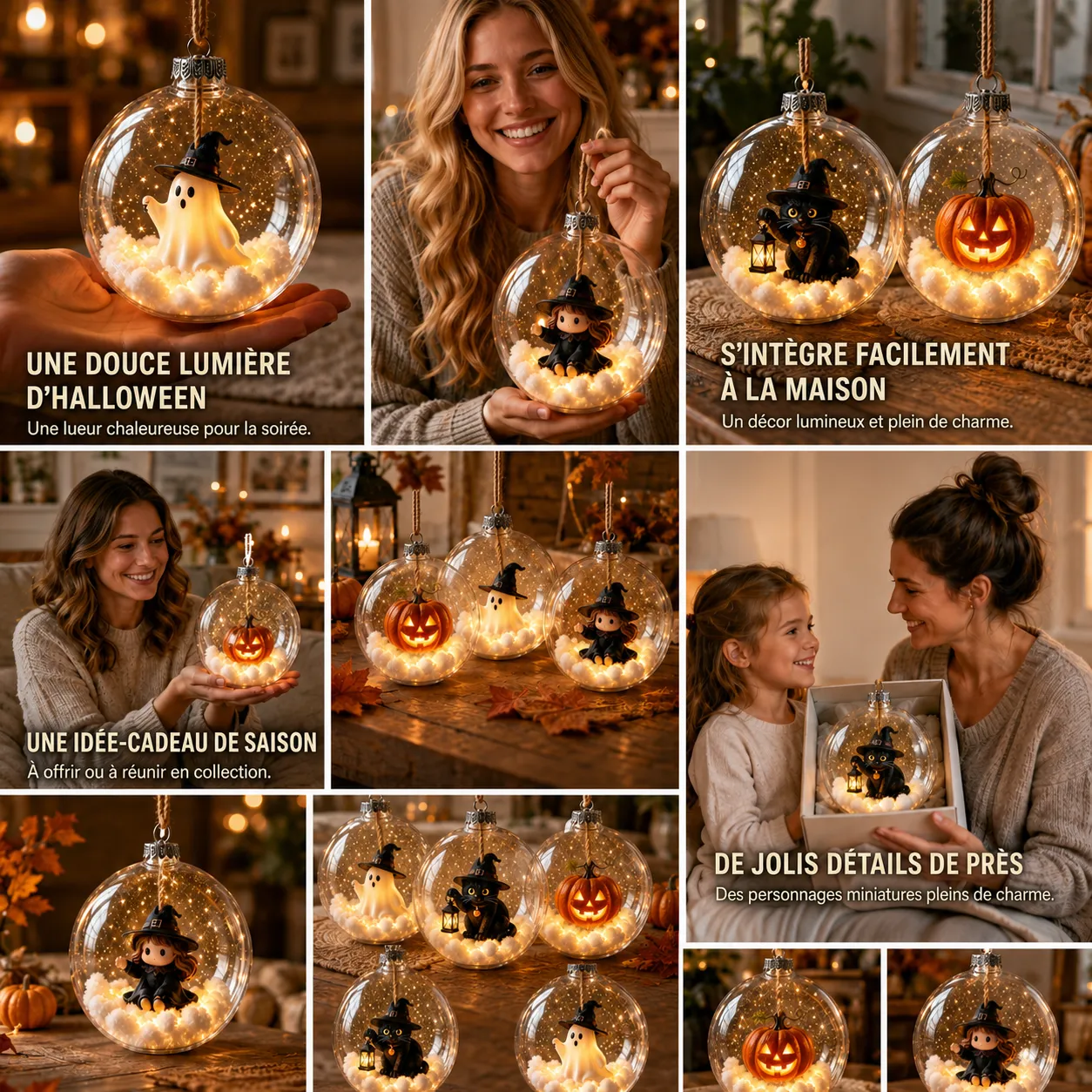 ✨🎃 Ornement lumineux enchanté d’Halloween – Fantôme, sorcière, chat et citrouille à l’éclat chaleureux 👻🐈‍⬛
