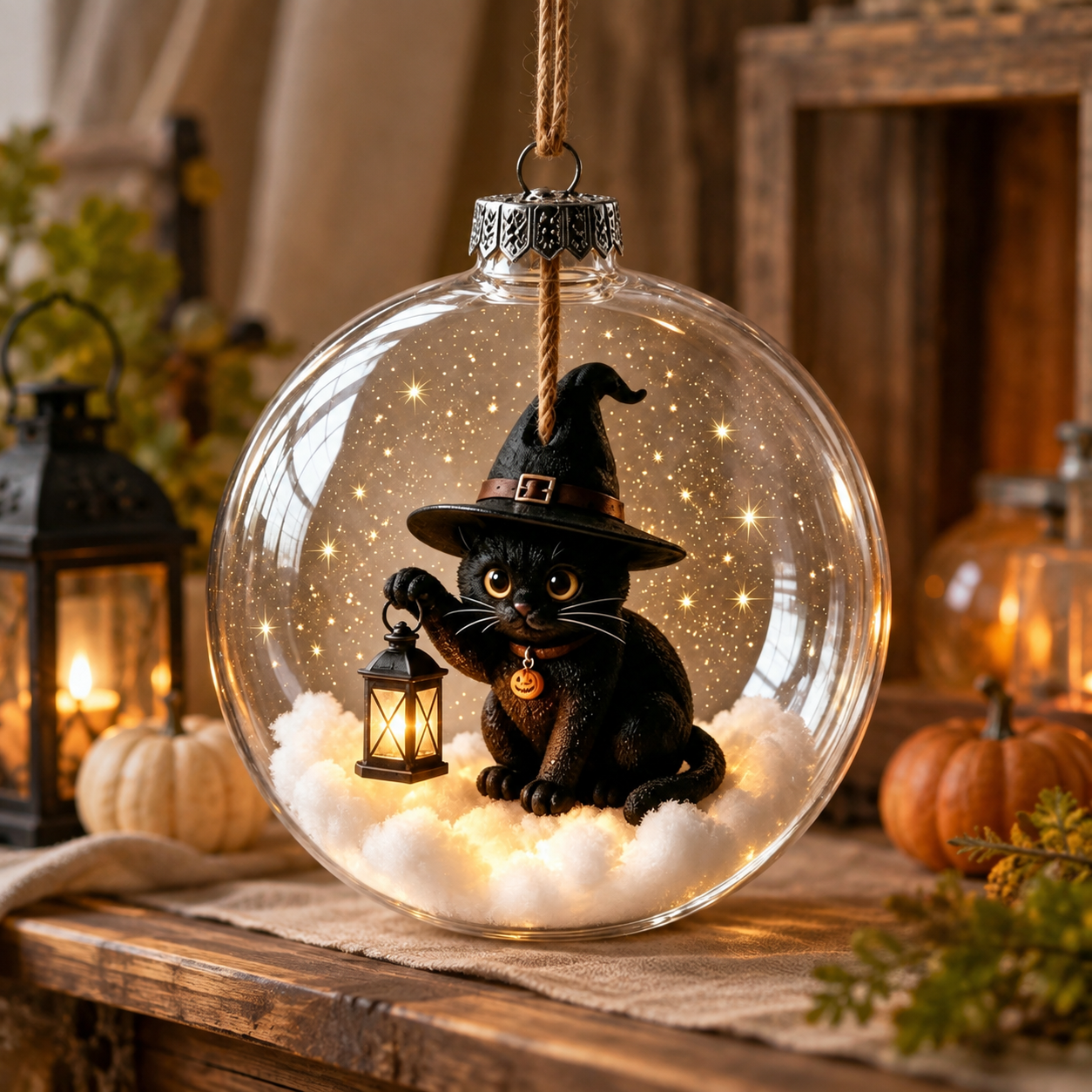 🎃🎃🎃 Ornement lumineux enchanté d’Halloween – Fantôme, sorcière, chat et citrouille dans une décoration chaleureuse 👻