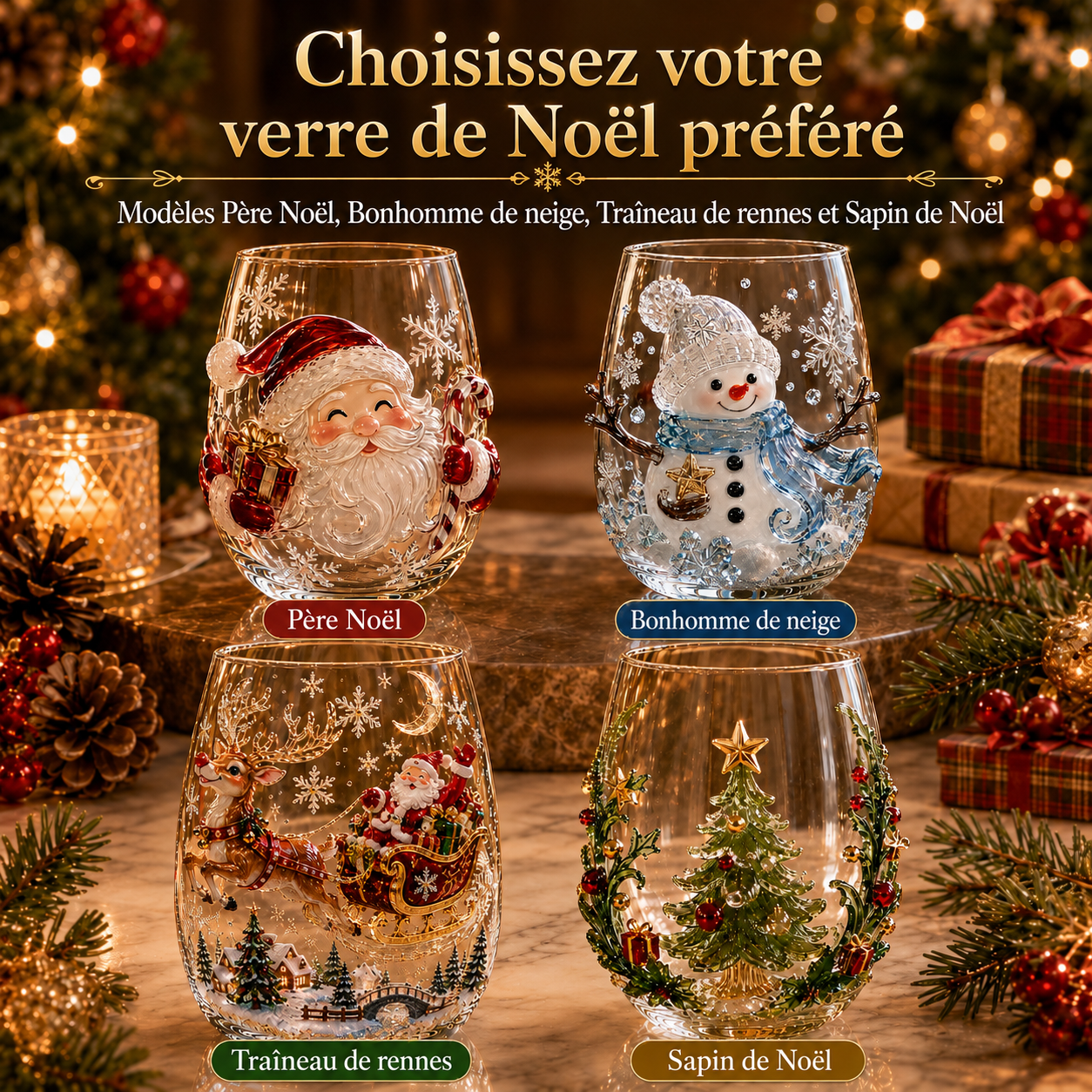 💖Collection magique de verres 3D de Noël – Père Noël, Renne, Bonhomme de neige et Sapin de Noël