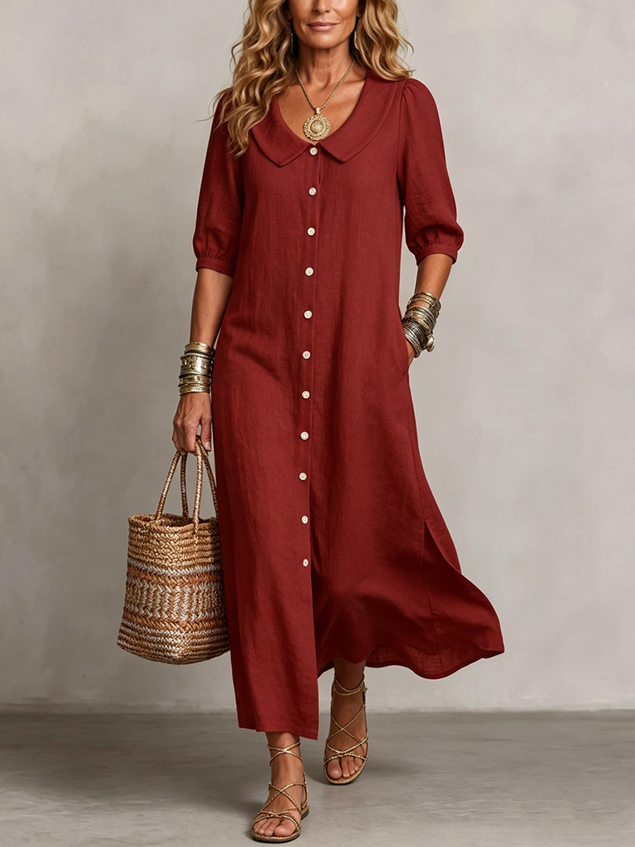 Neu eingetroffen🔥 Damen-Retro-Kleid aus Baumwollleinen mit Peter-Pan-Kragen