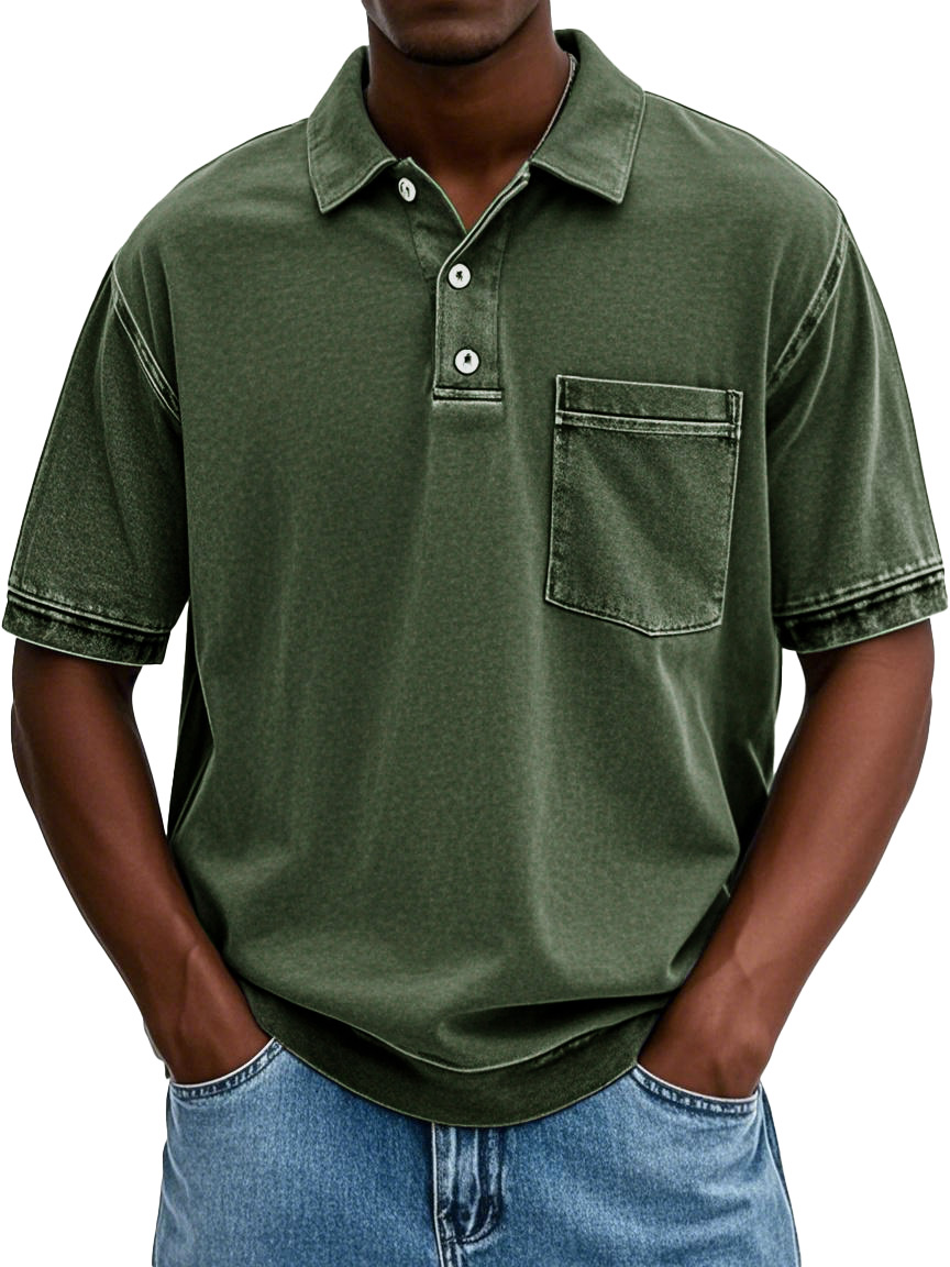 Herren-Poloshirt im Retro-Stil mit Distressed-Revers und kurzärmliger Tasche