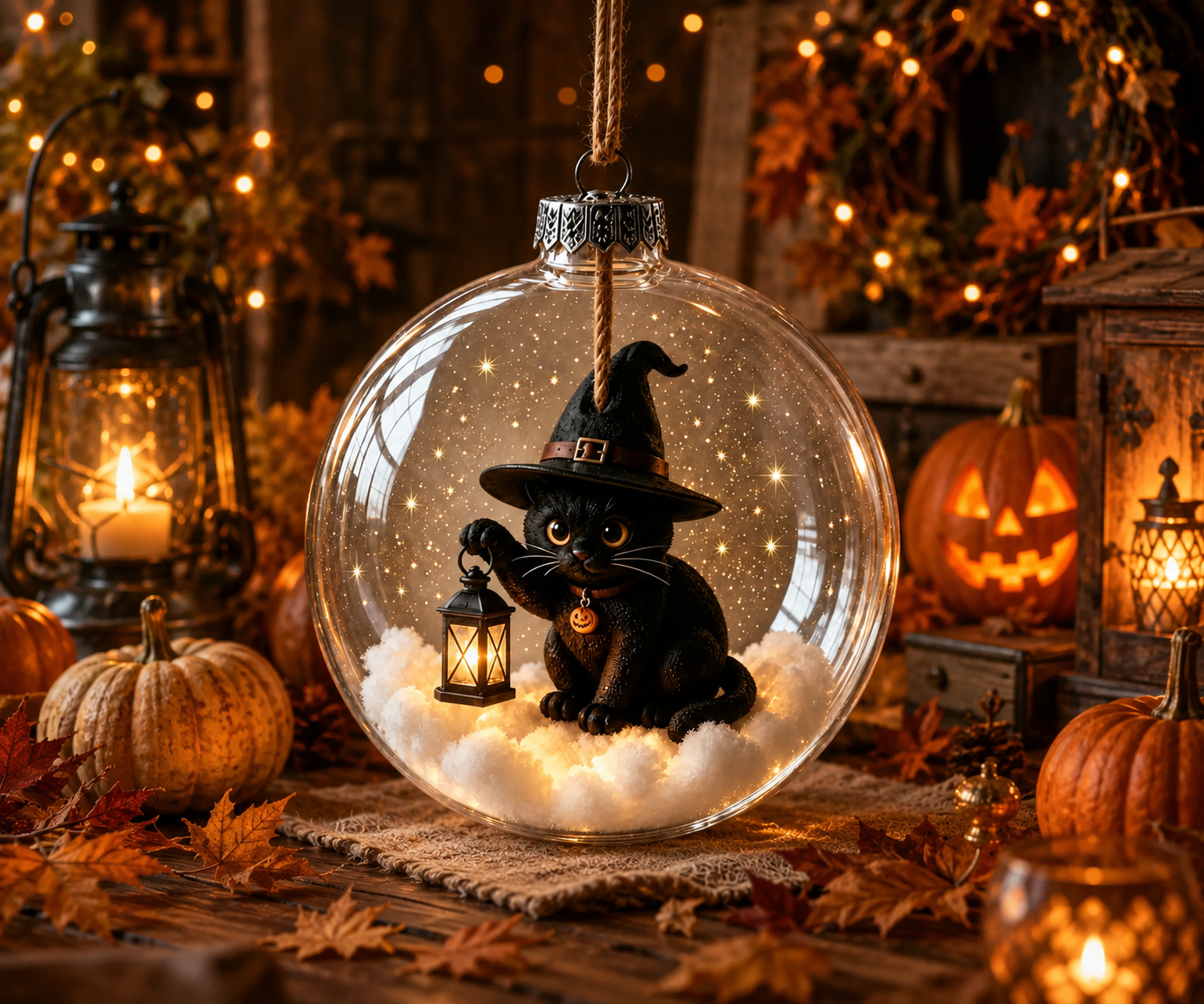 ✨🎃 Ornement lumineux enchanté d’Halloween – Fantôme, sorcière, chat et citrouille à l’éclat chaleureux 👻🐈‍⬛