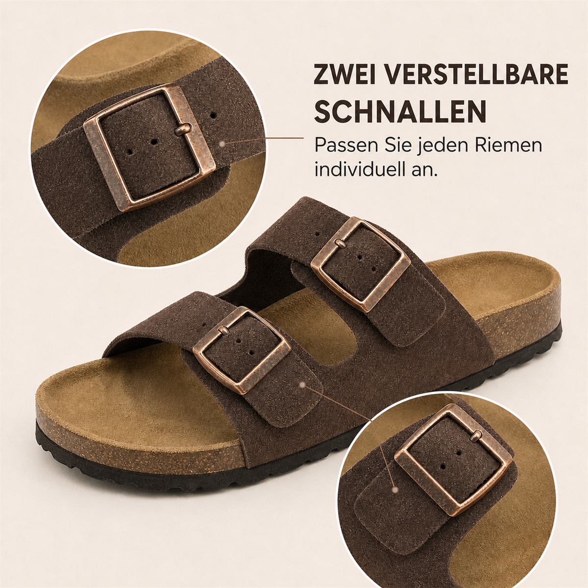 Anatomische Sandalen mit zwei verstellbaren Riemen –Details