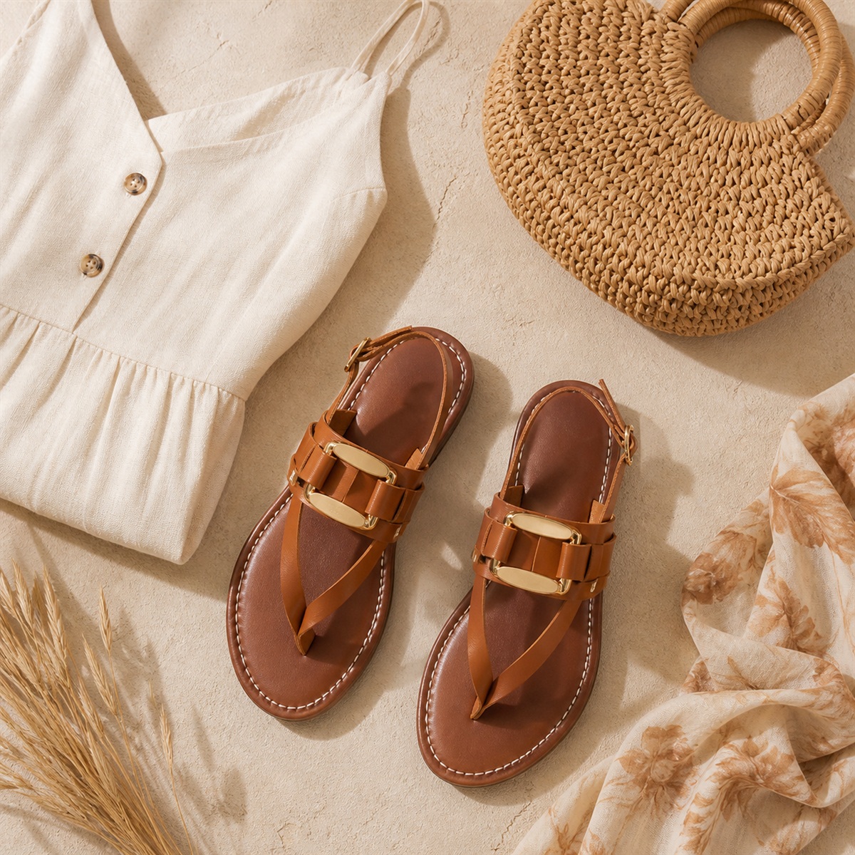 Association de tenue avec les sandales cognac