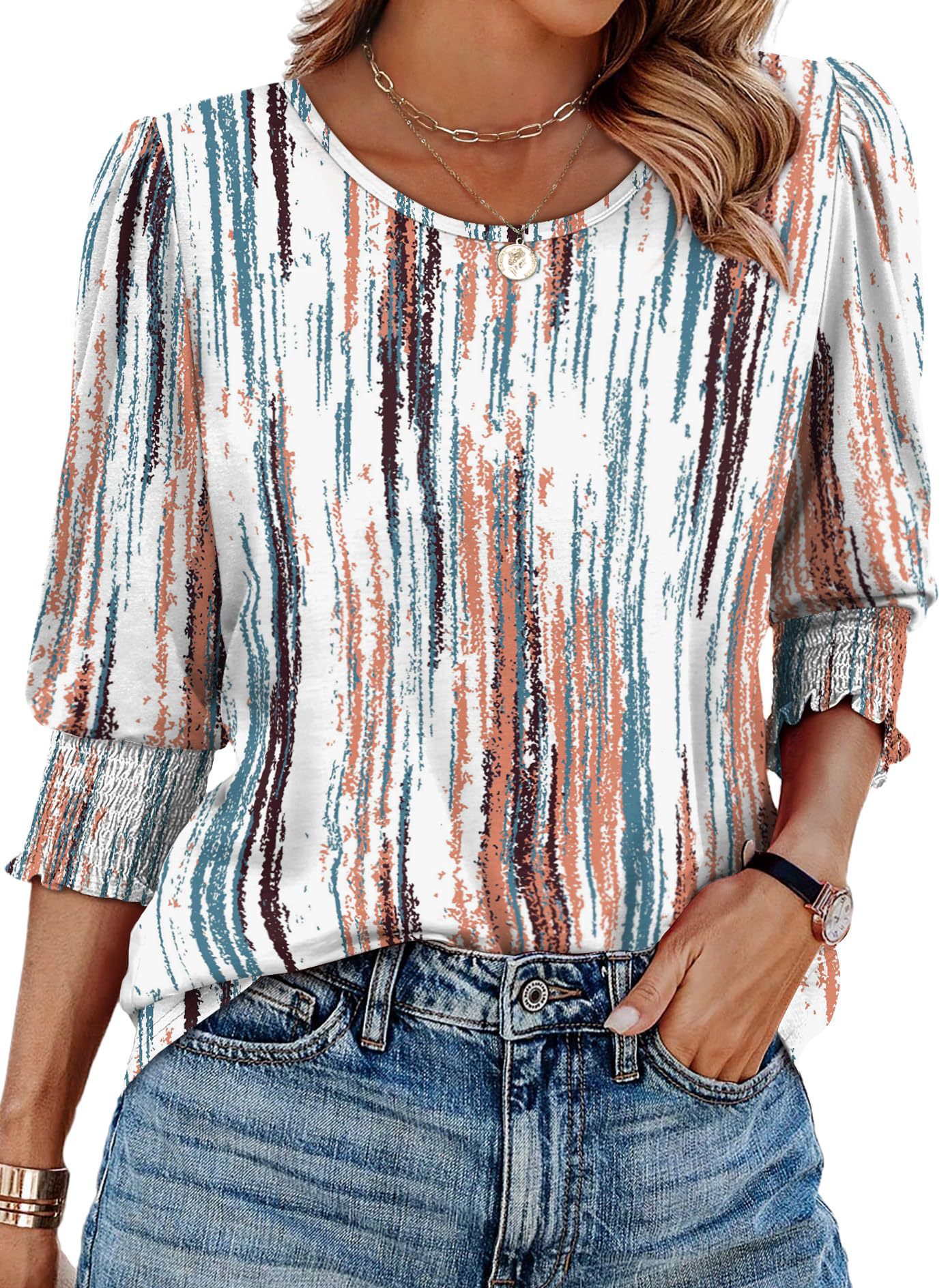 Damen lässiges Rundhals-3/4-Arm-Top Sommer bedrucktes Casual T-Shirt