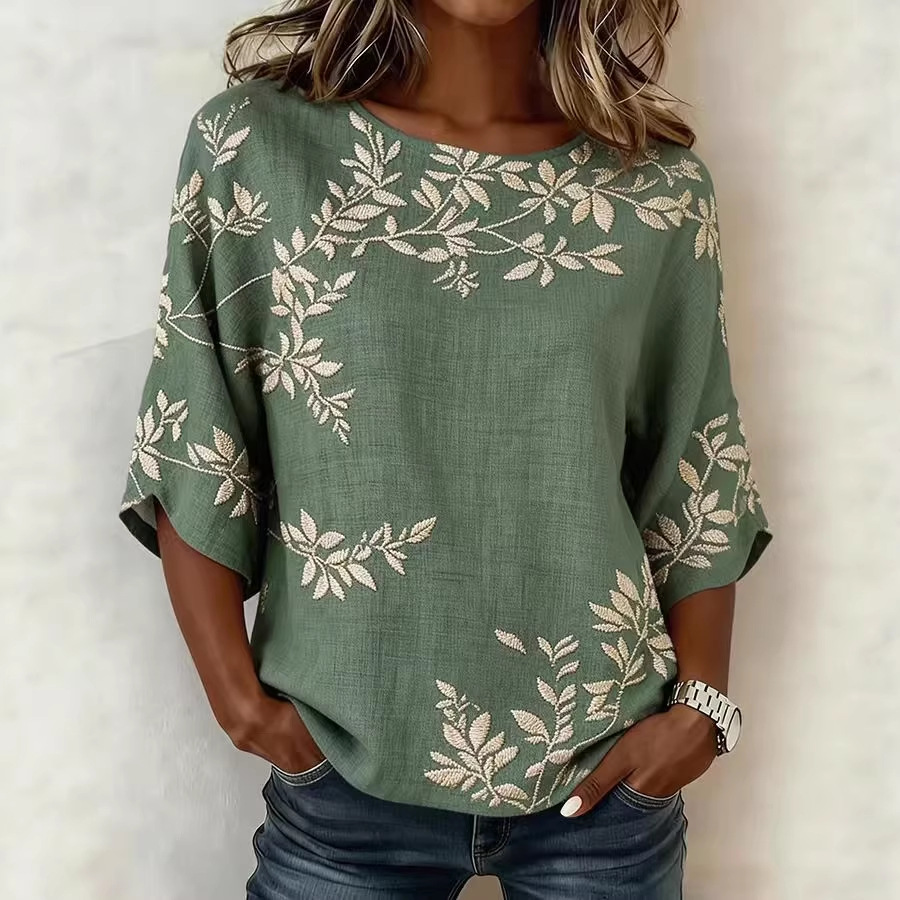 Damen Leichtes Lockeres Shirt mit Blattmuster, Rundhalsausschnitt und halblangen Ärmeln
