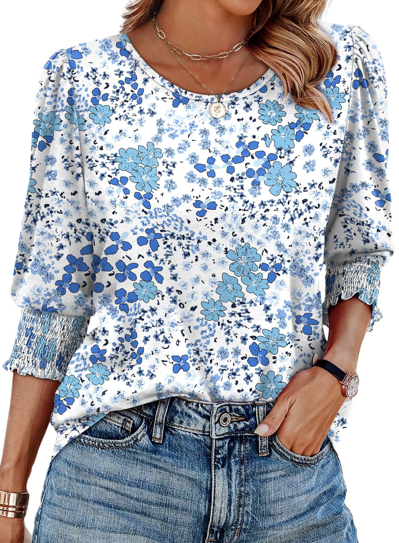 Damen lässiges Rundhals-3/4-Arm-Top Sommer bedrucktes Casual T-Shirt