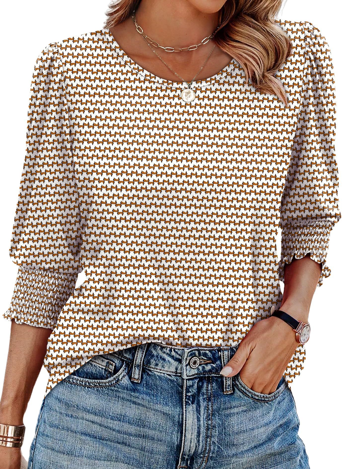 Damen lässiges Rundhals-3/4-Arm-Top Sommer bedrucktes Casual T-Shirt