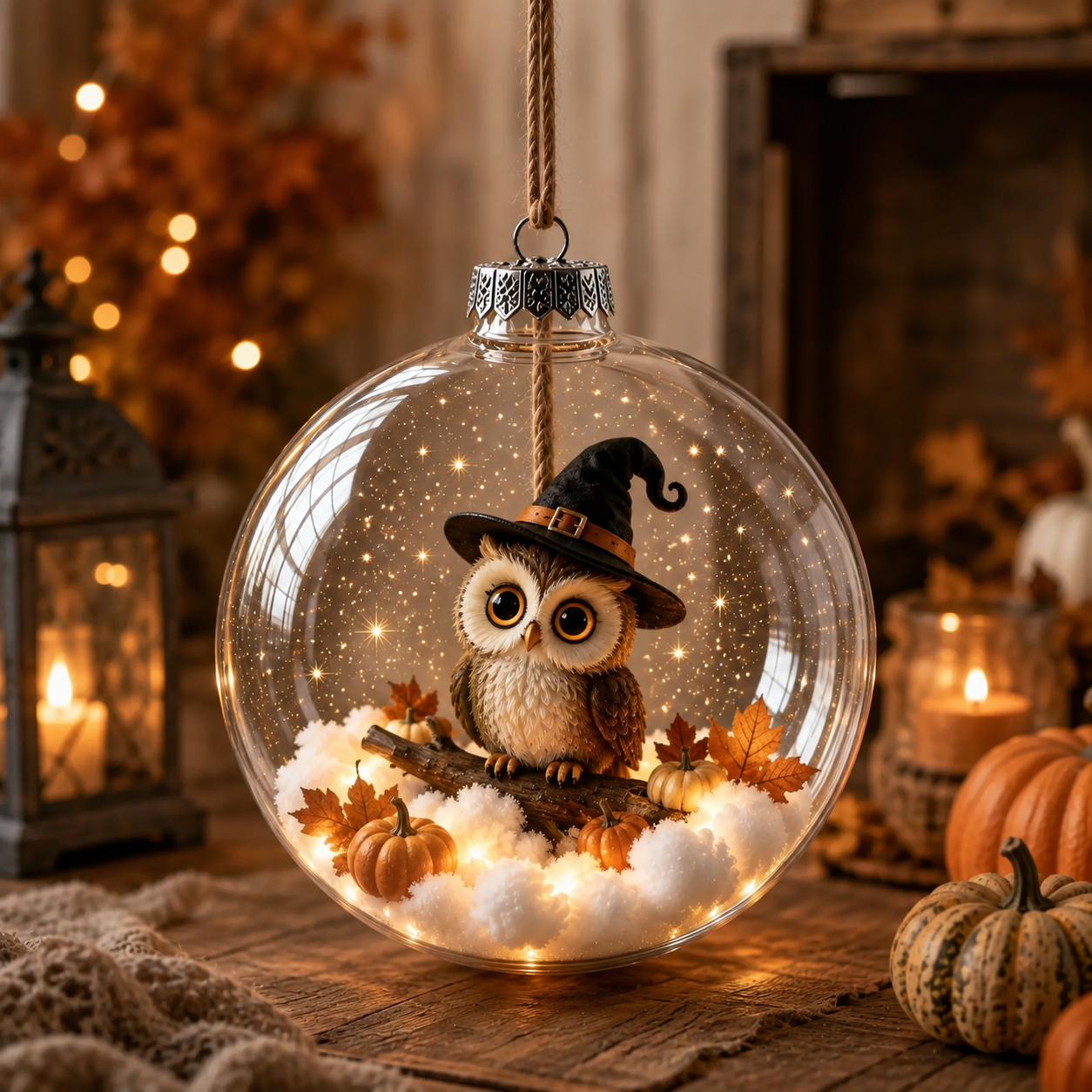 🎃🎃🎃 Ornement lumineux enchanté d’Halloween – Fantôme, sorcière, chat et citrouille dans une décoration chaleureuse 👻