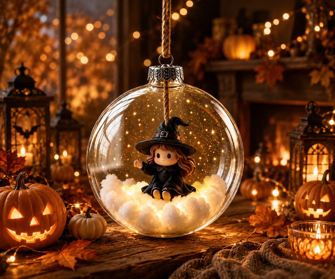 ✨🎃 Ornement lumineux enchanté d’Halloween – Fantôme, sorcière, chat et citrouille à l’éclat chaleureux 👻🐈‍⬛