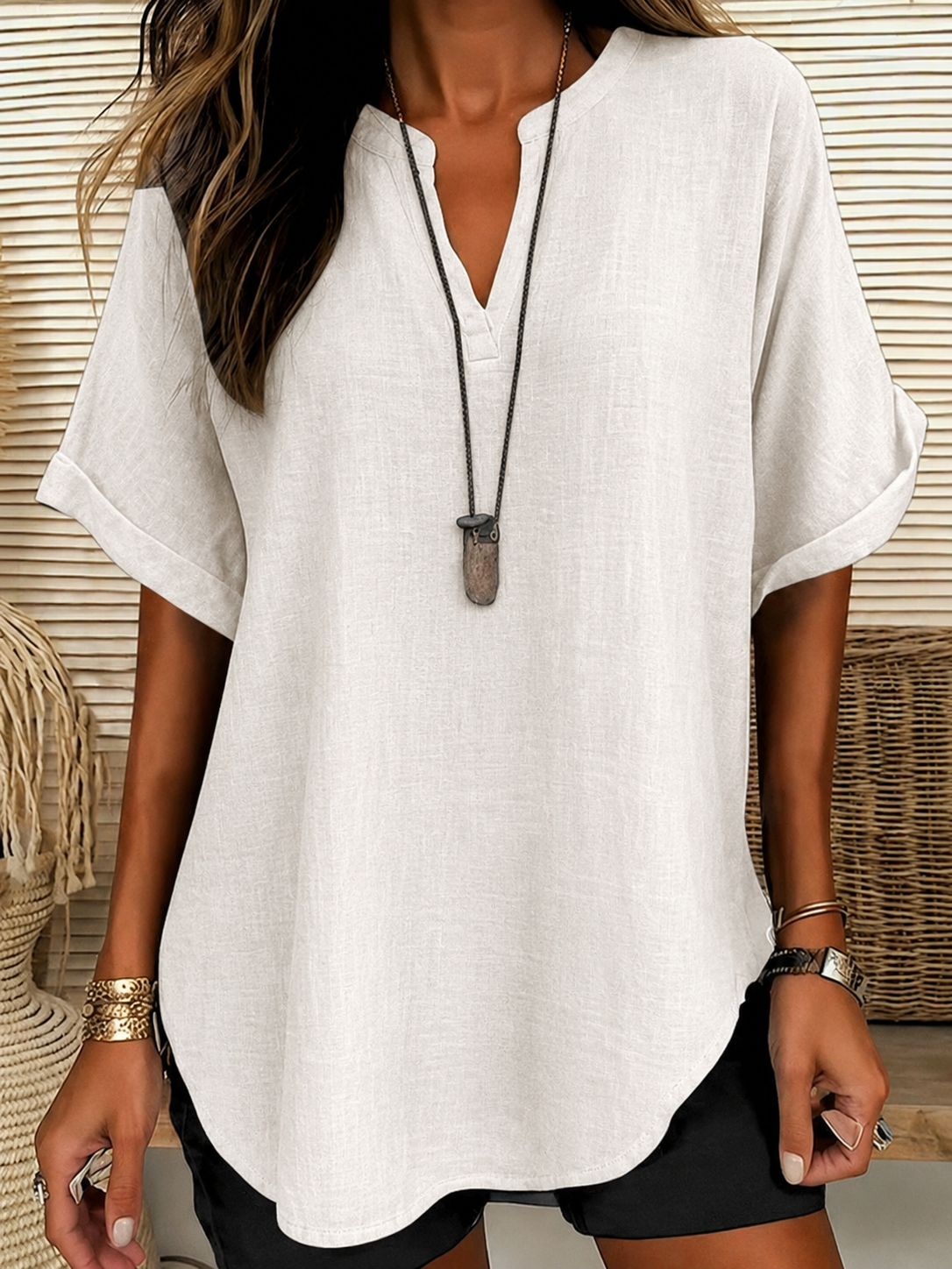 🔥Einfache Kurzarmbluse für Damen, lässiges einfarbiges Oberteil für den täglichen Gebrauch, Damenkleidung für alle Jahreszeiten