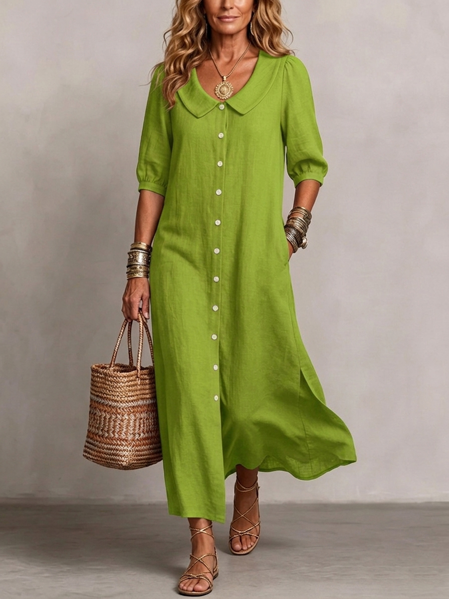 Neu eingetroffen🔥 Damen-Retro-Kleid aus Baumwollleinen mit Peter-Pan-Kragen