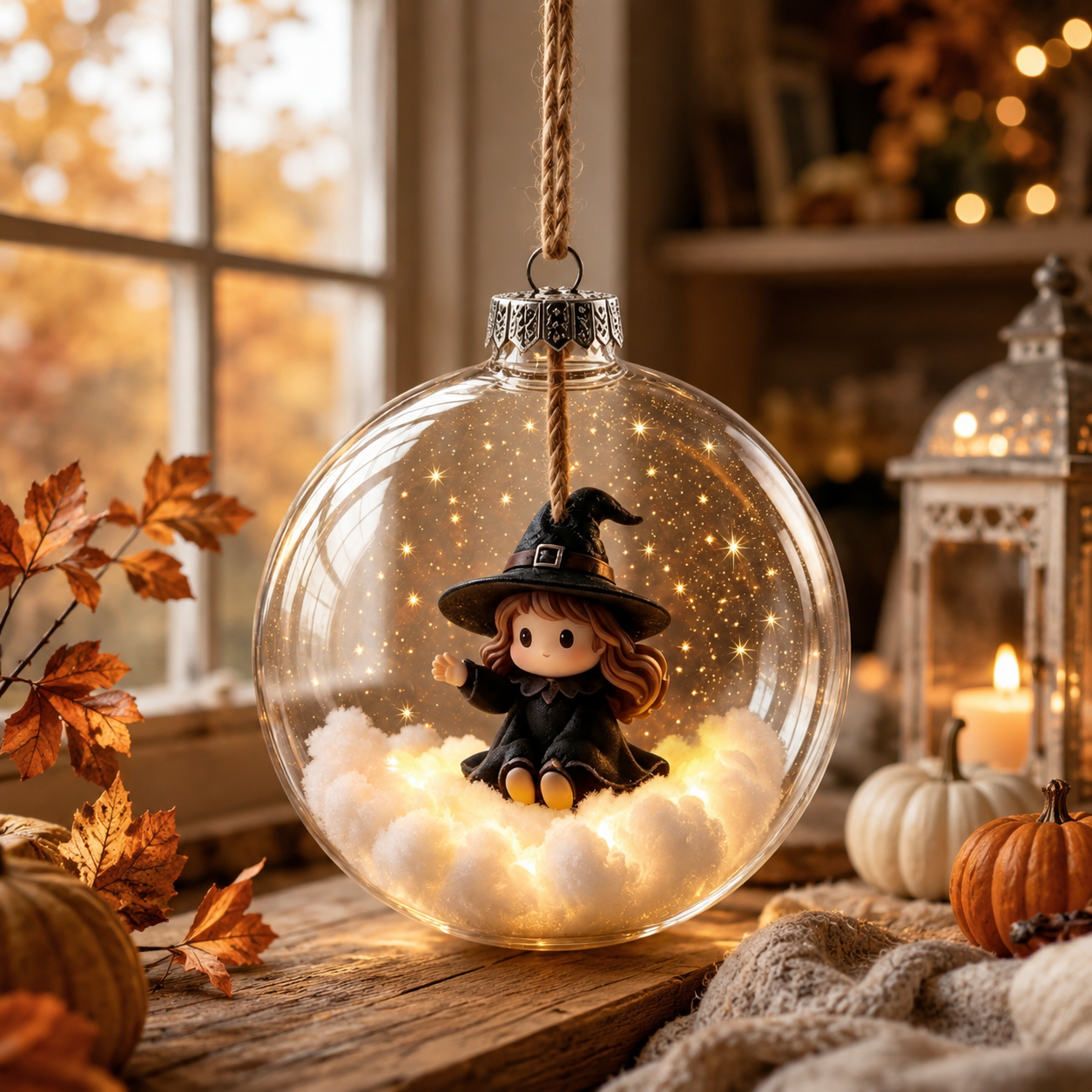 🎃🎃🎃 Ornement lumineux enchanté d’Halloween – Fantôme, sorcière, chat et citrouille dans une décoration chaleureuse 👻