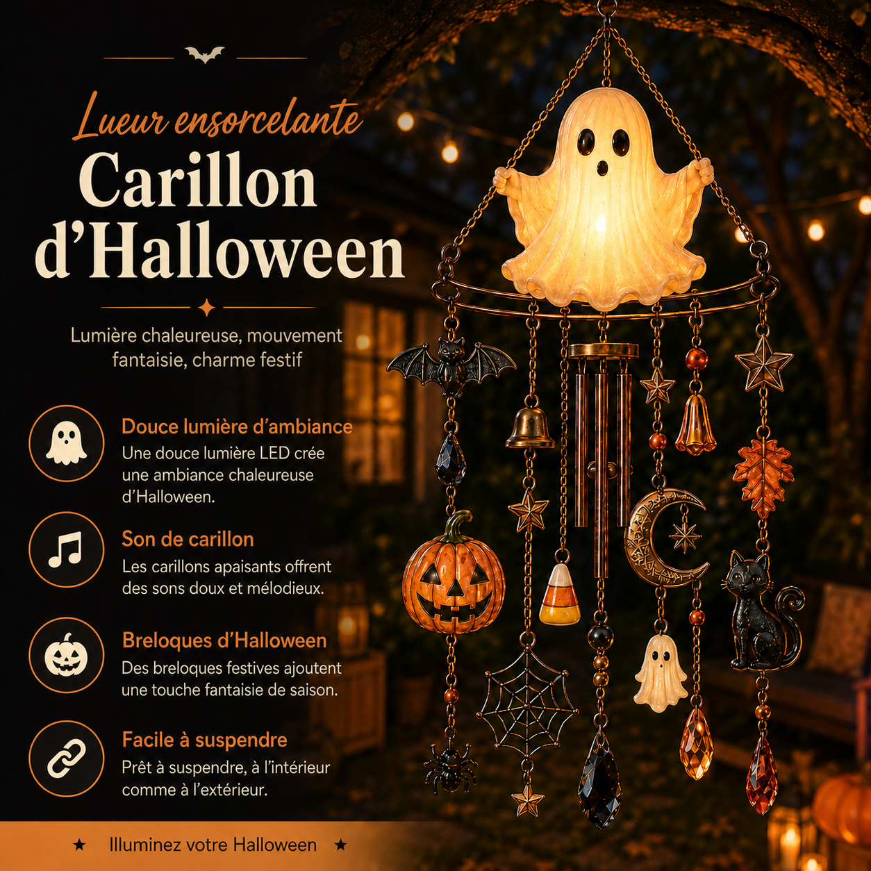 Carillon fantôme lumineux d’Halloween dans un décor nocturne chaleureux