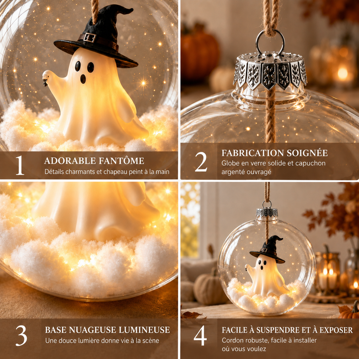 Détails en français d’un ornement fantôme lumineux d’Halloween