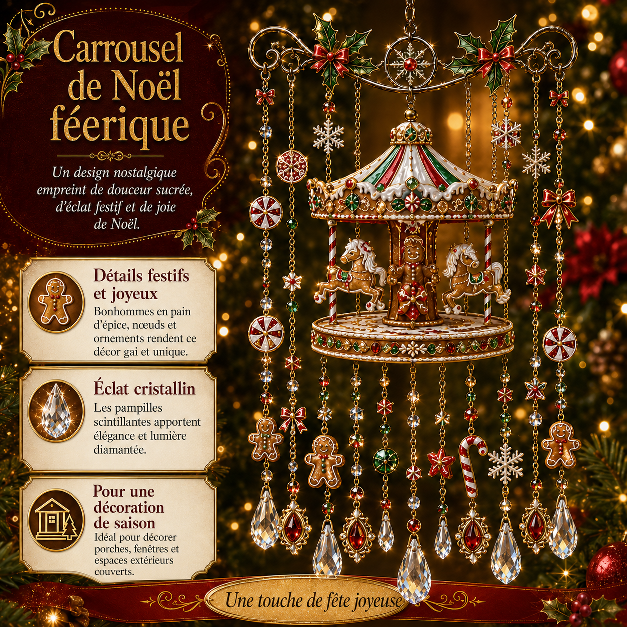 Carillon de Noël en cristal aux motifs festifs
