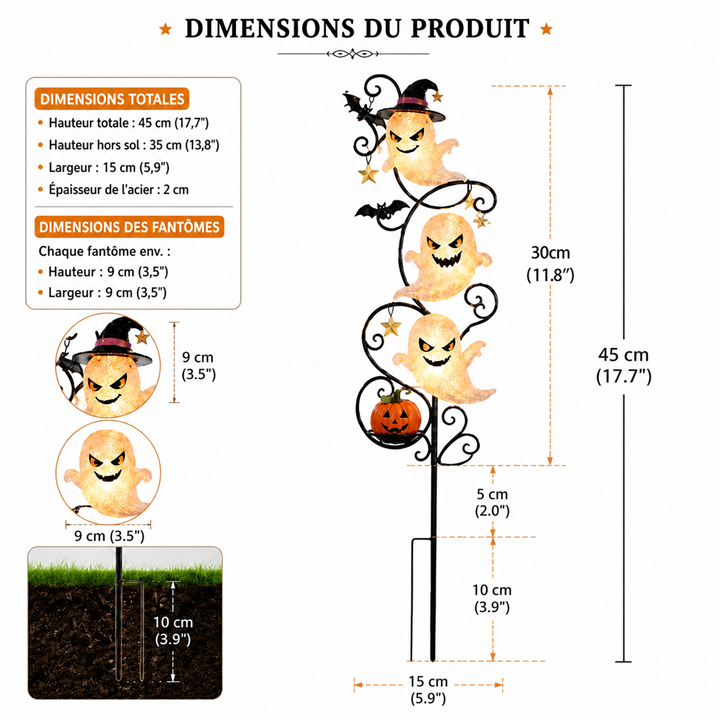 Schéma des dimensions du piquet de jardin solaire avec trois fantômes