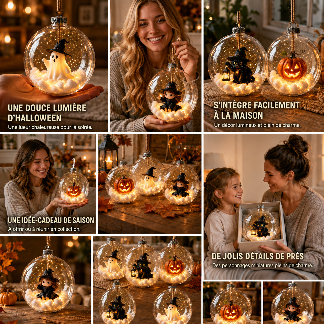Ornements lumineux d’Halloween présentés dans des scènes automnales sans avis client