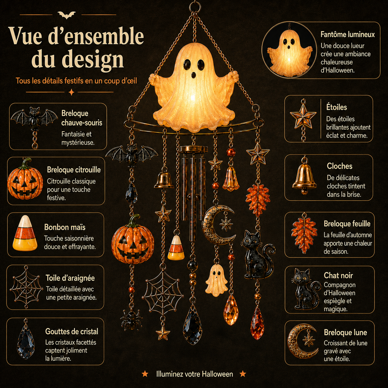 Vue détaillée des breloques et ornements du carillon fantôme d’Halloween