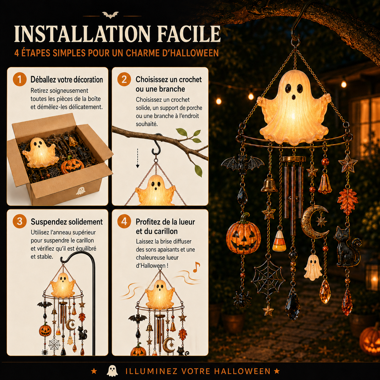 Étapes simples pour suspendre le carillon fantôme lumineux d’Halloween