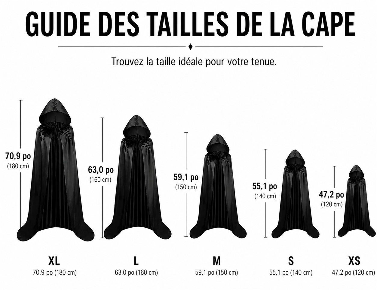 Guide des tailles en français de la cape noire