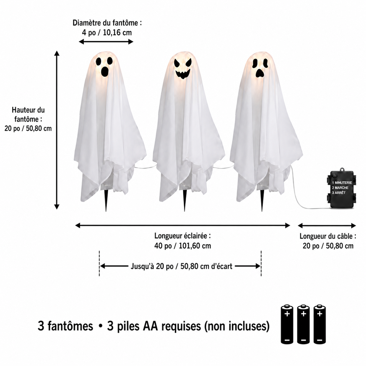 Ensemble de 3 fantômes lumineux de jardin de 51 cm
