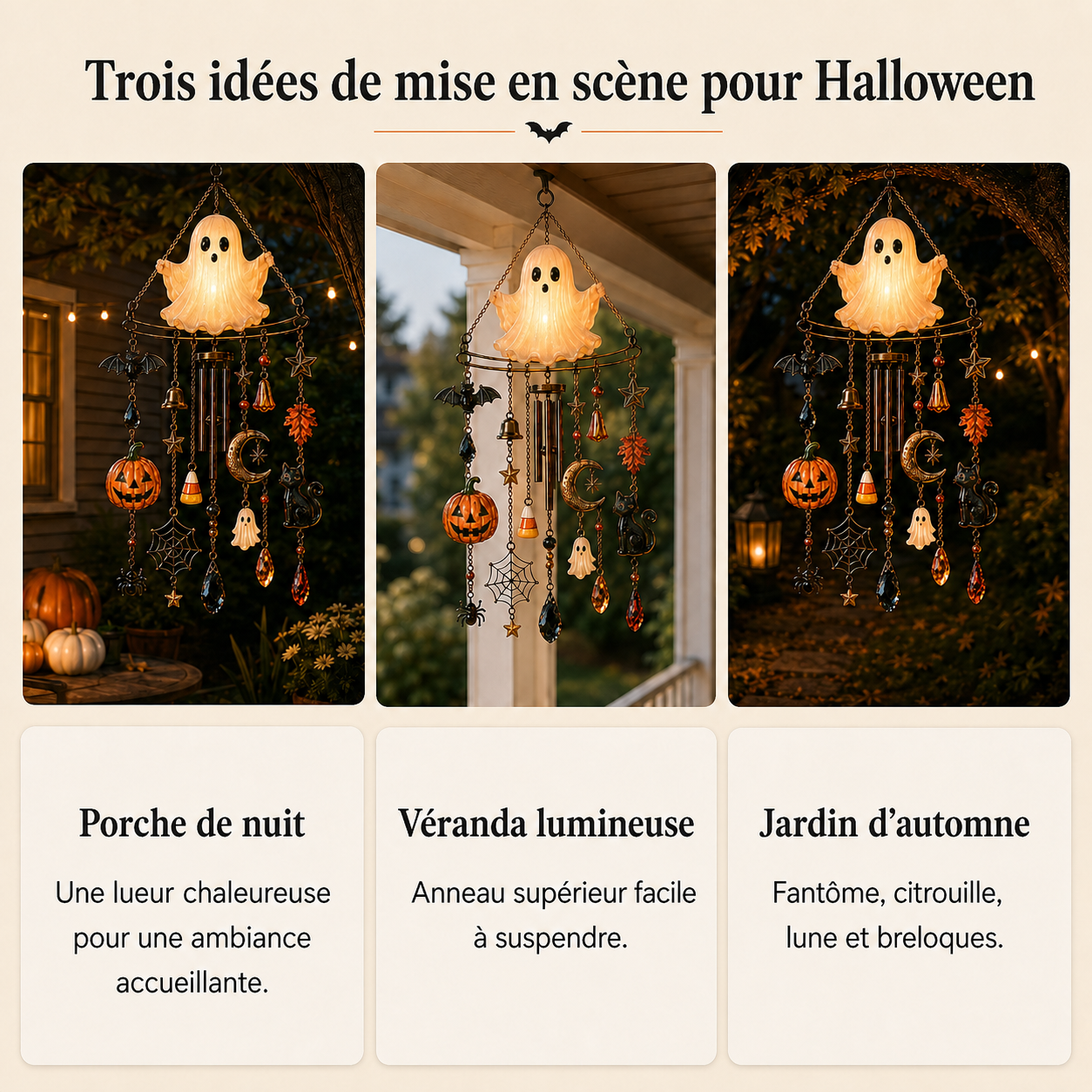 Carillon fantôme d’Halloween présenté dans trois décors saisonniers