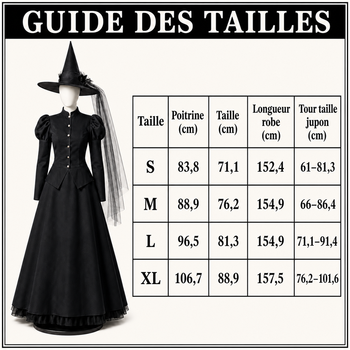 Guide des tailles réelles du costume