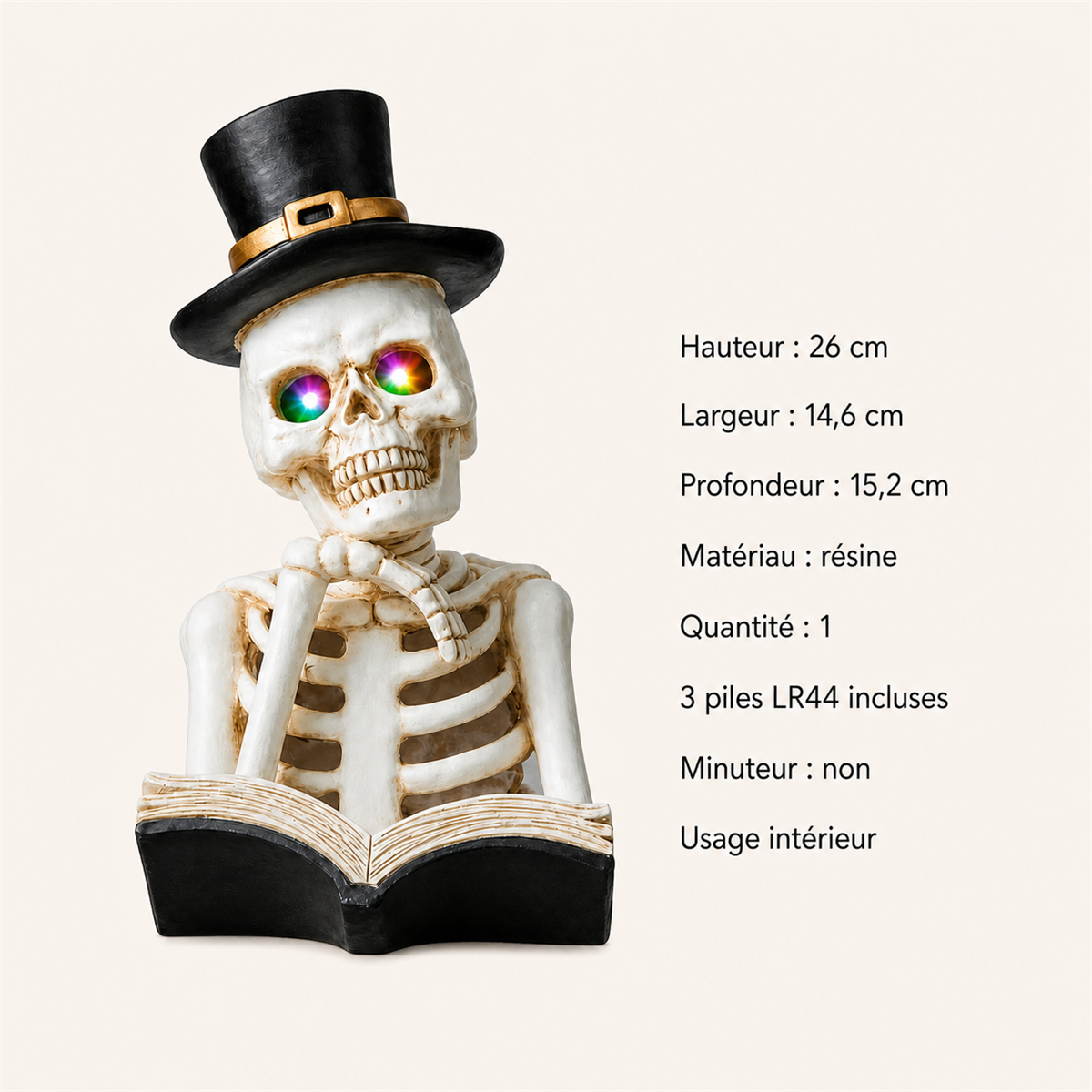 💀 Cabinet de curiosités | Squelette lecteur lumineux de 26 cm - présentation 9