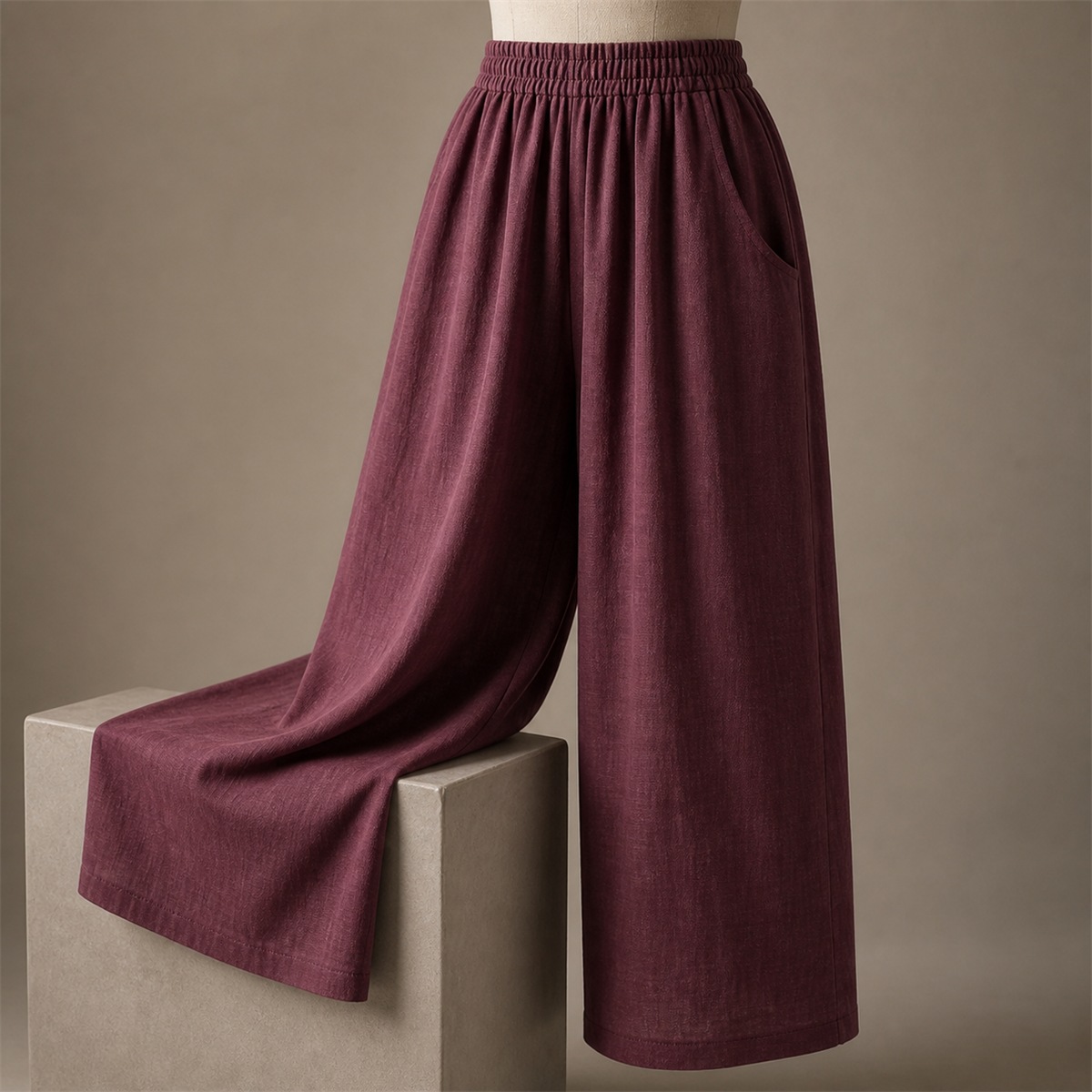 Détail de la taille élastique, de la poche latérale et de la jambe large