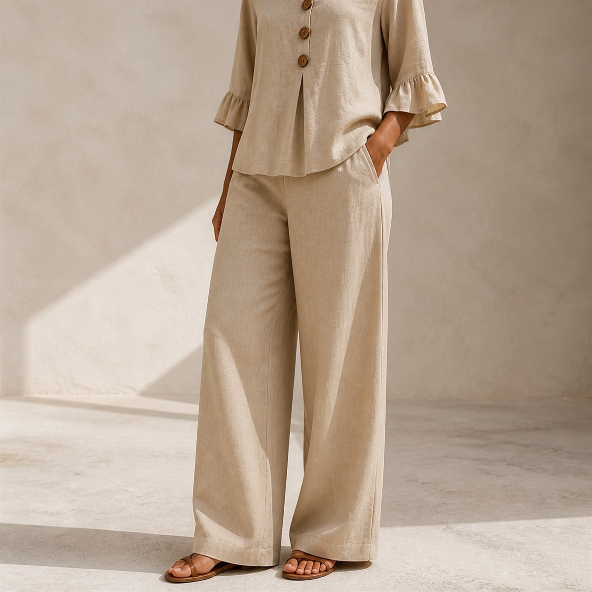 Détail de la taille, de la poche et du tombé du pantalon large