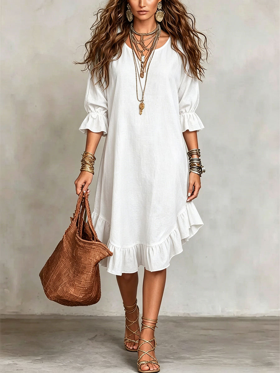 Robe ample femme à manches volantées — blanc