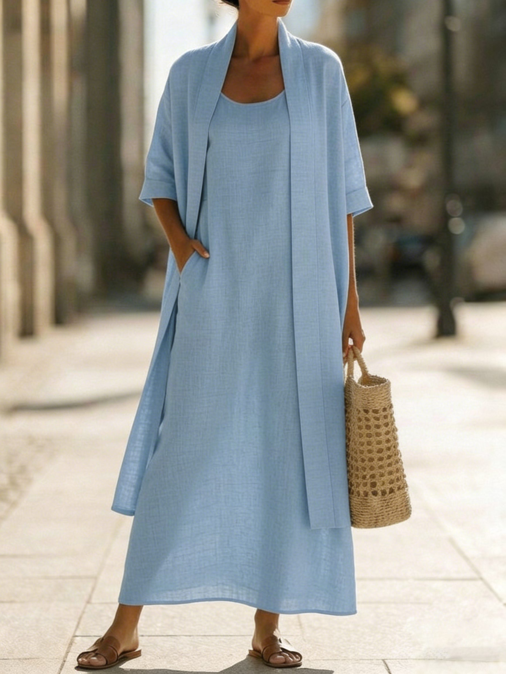 Ensemble femme robe longue et gilet — bleu