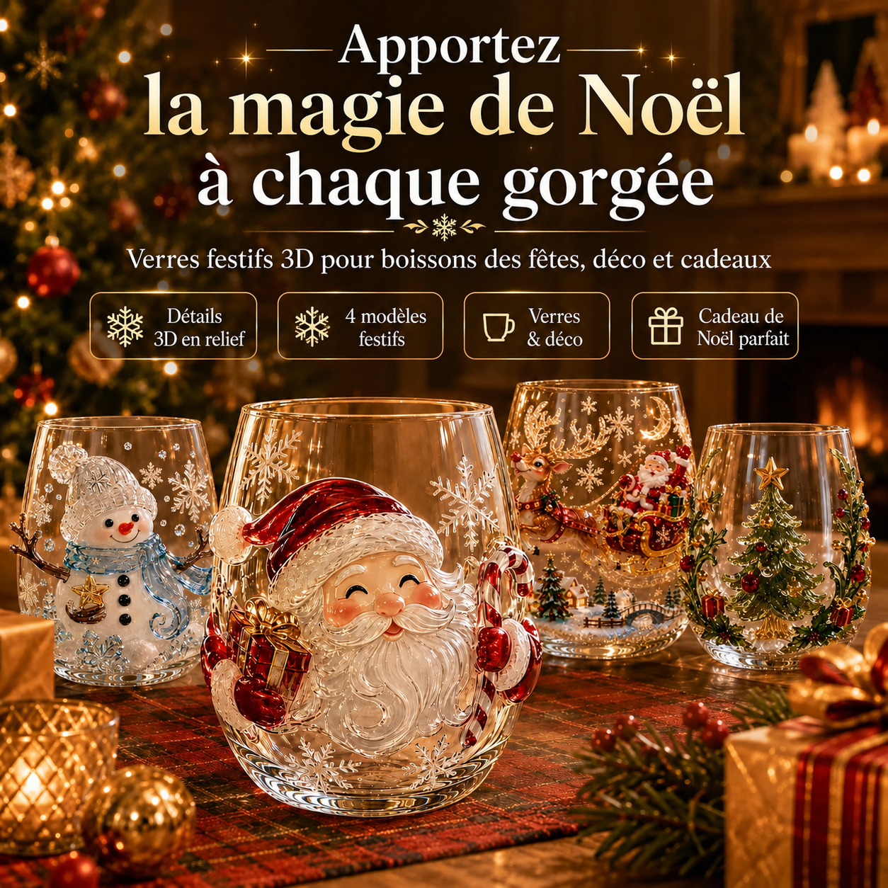 💖Collection magique de verres 3D de Noël – Père Noël, Renne, Bonhomme de neige et Sapin de Noël