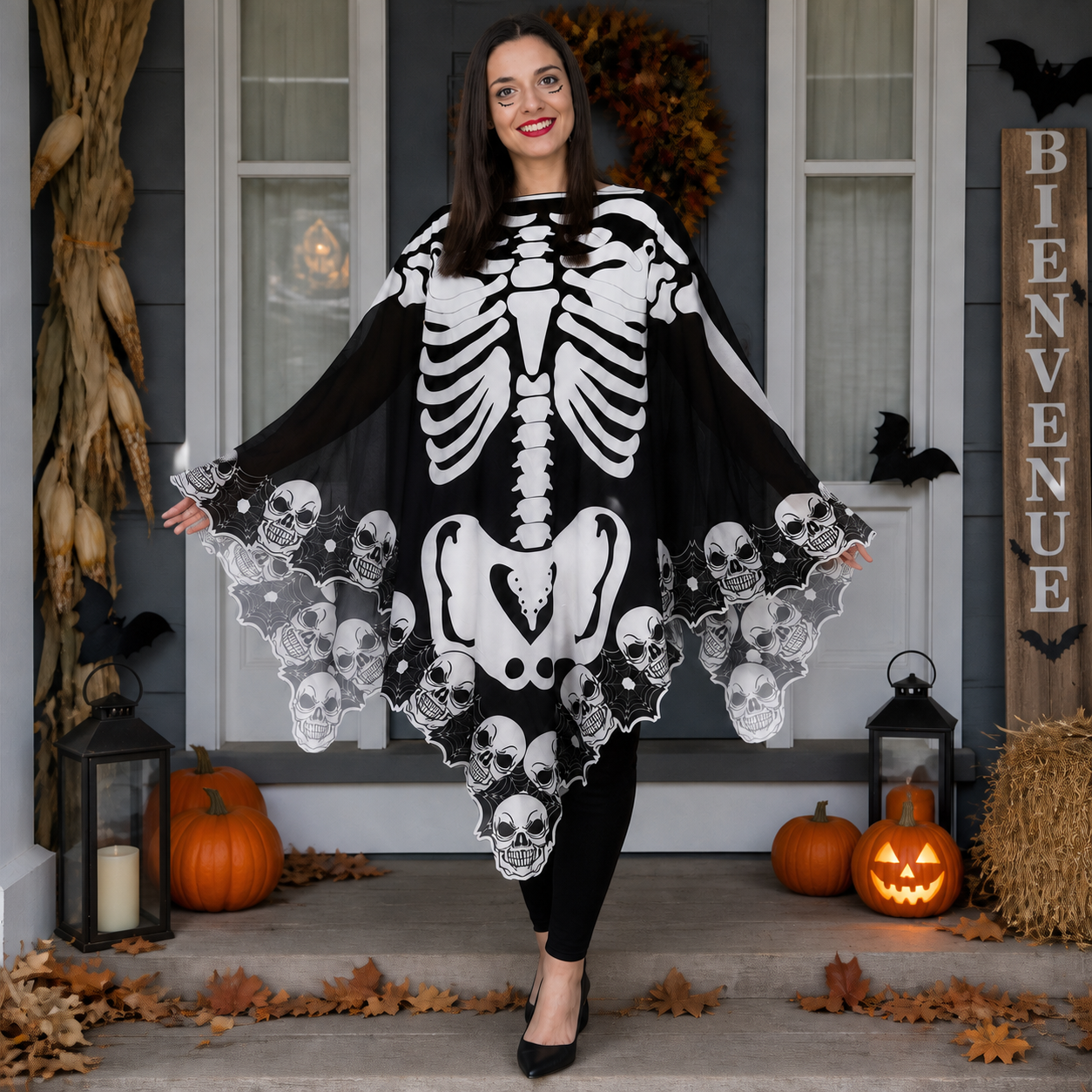 Cape poncho squelette noire et blanche pour Halloween