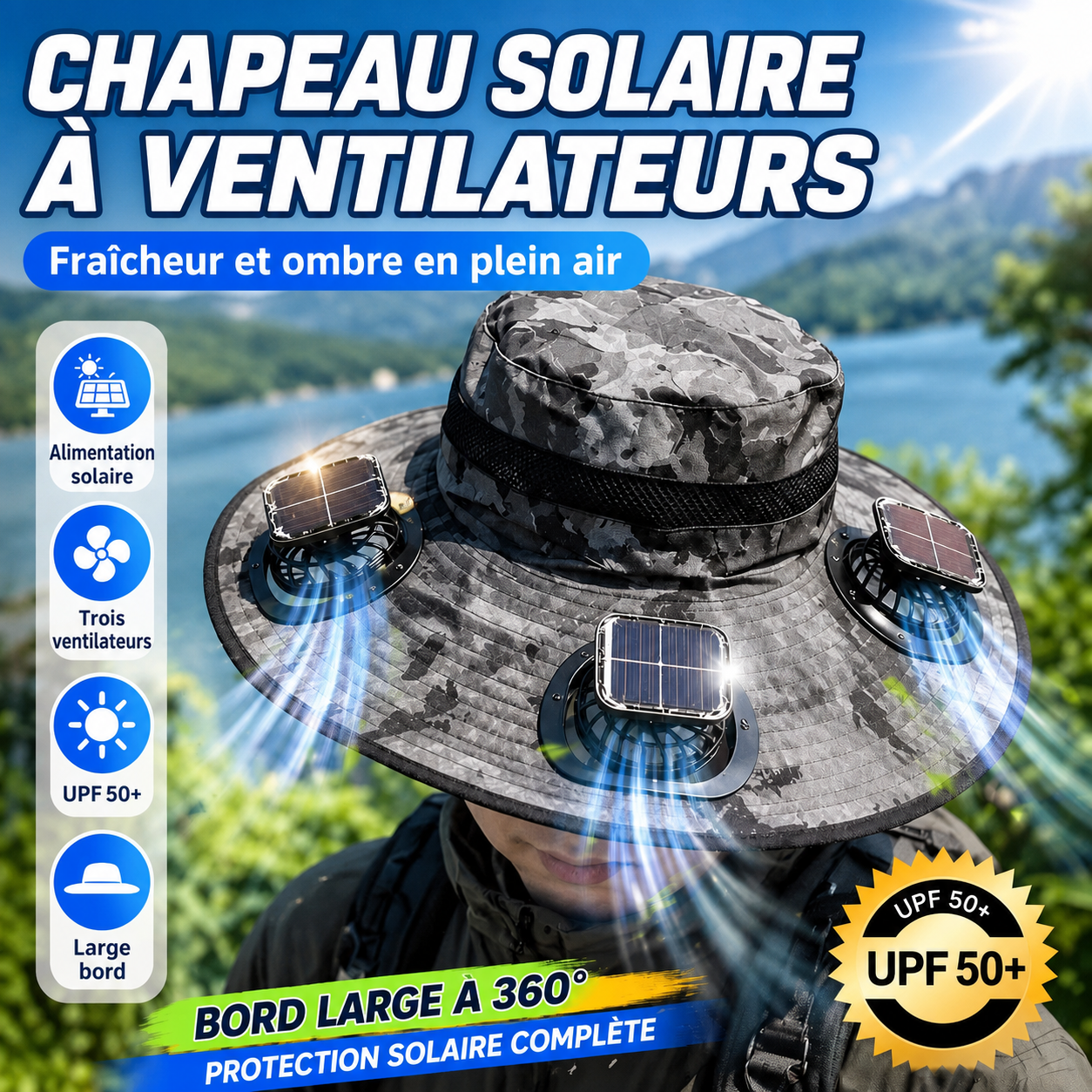 Chapeau solaire ventilé à 3 ventilateurs