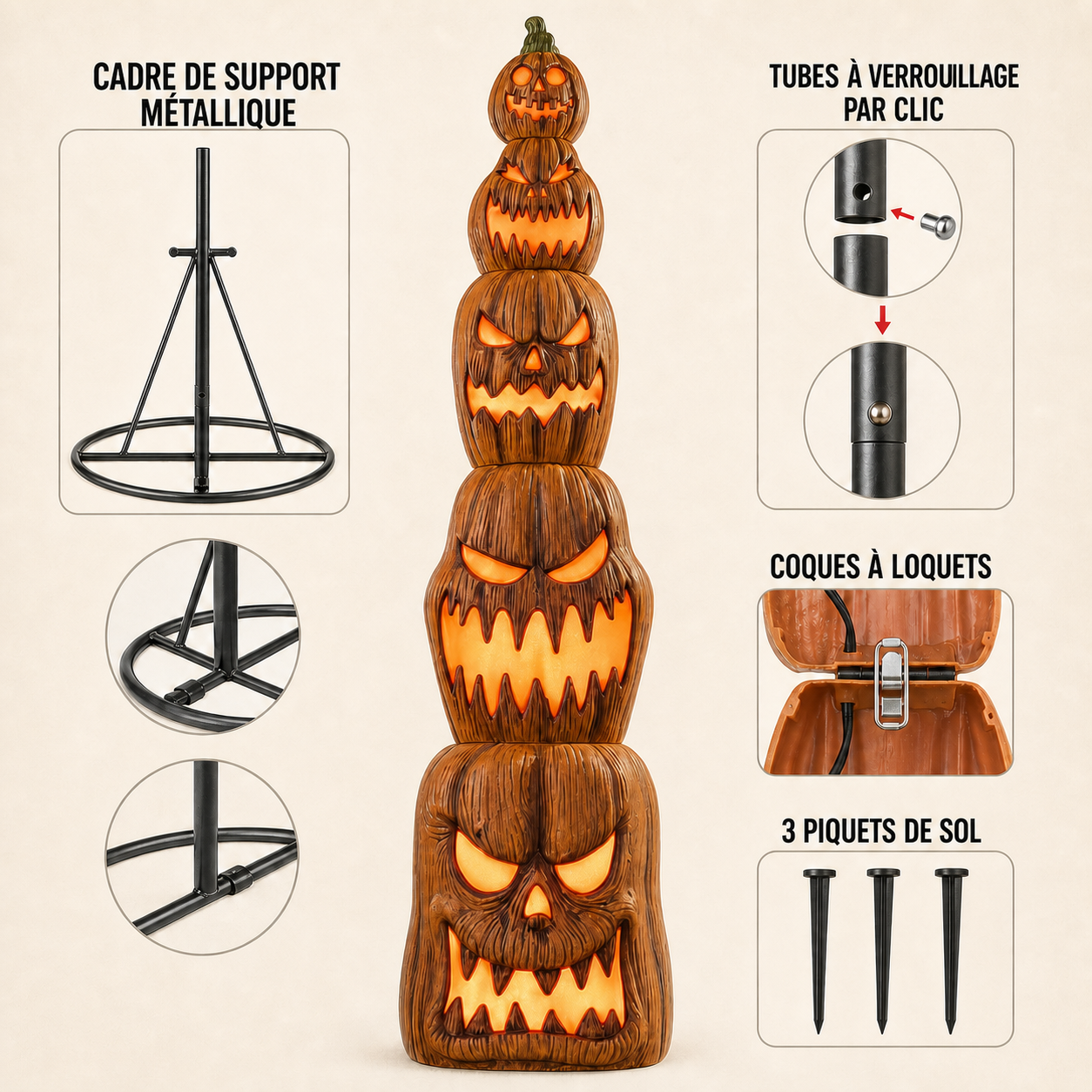 Colonne de 5 citrouilles lumineuses LED de 2,50 m