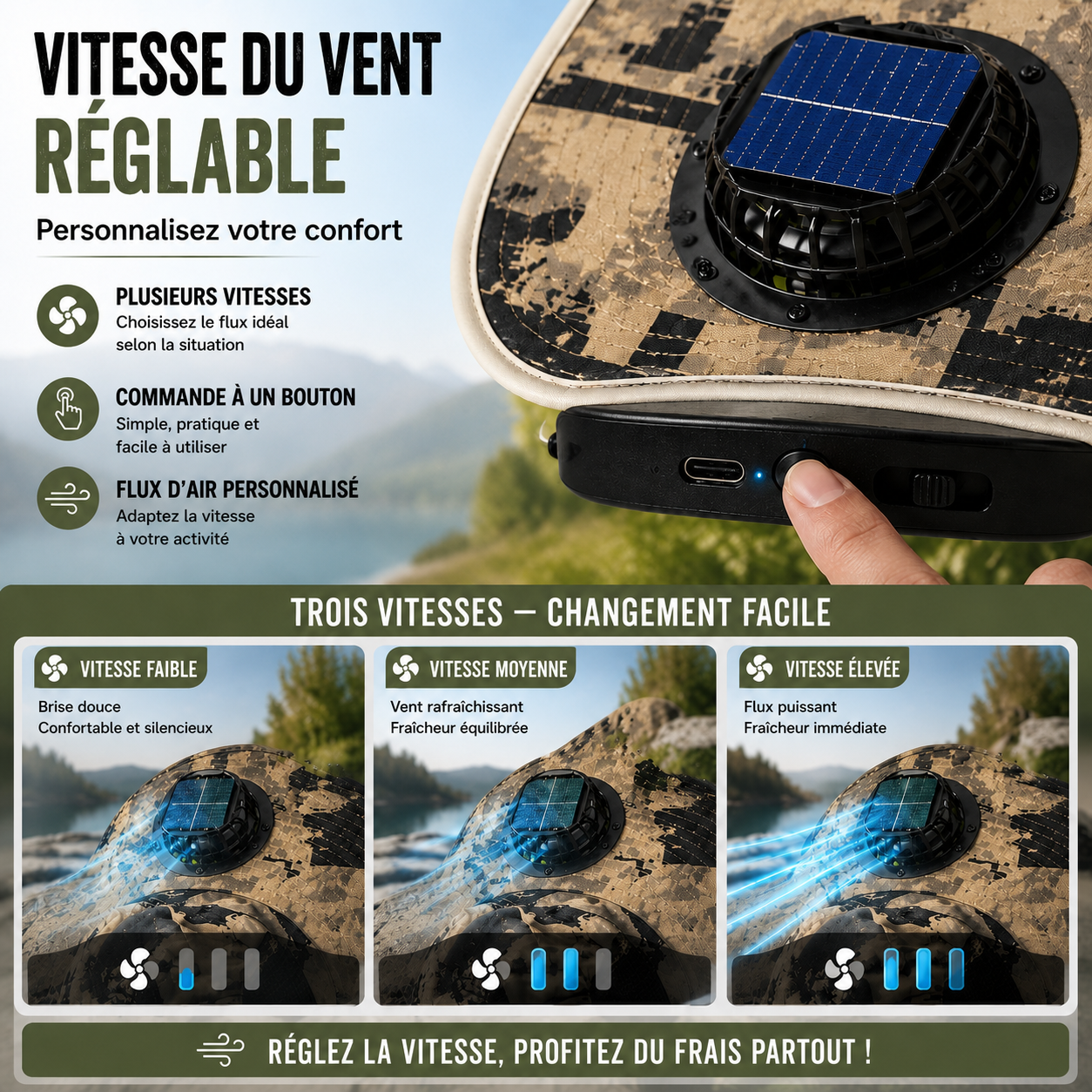 Chapeau solaire ventilé à 3 ventilateurs