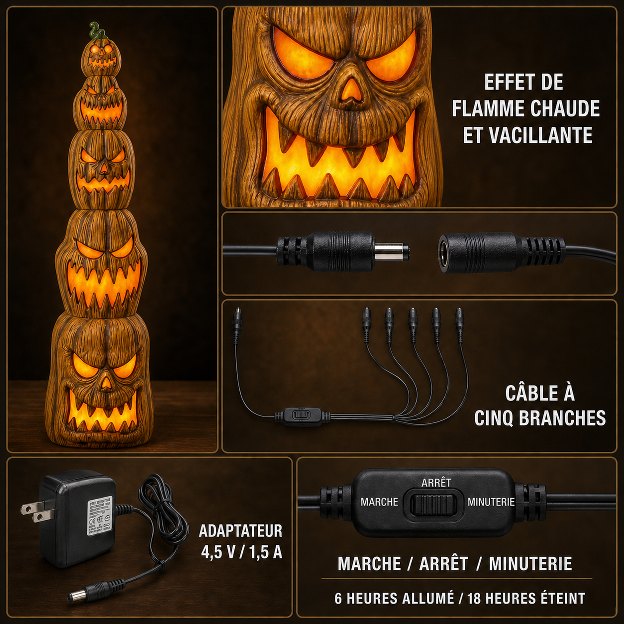 Colonne de 5 citrouilles lumineuses LED de 2,50 m