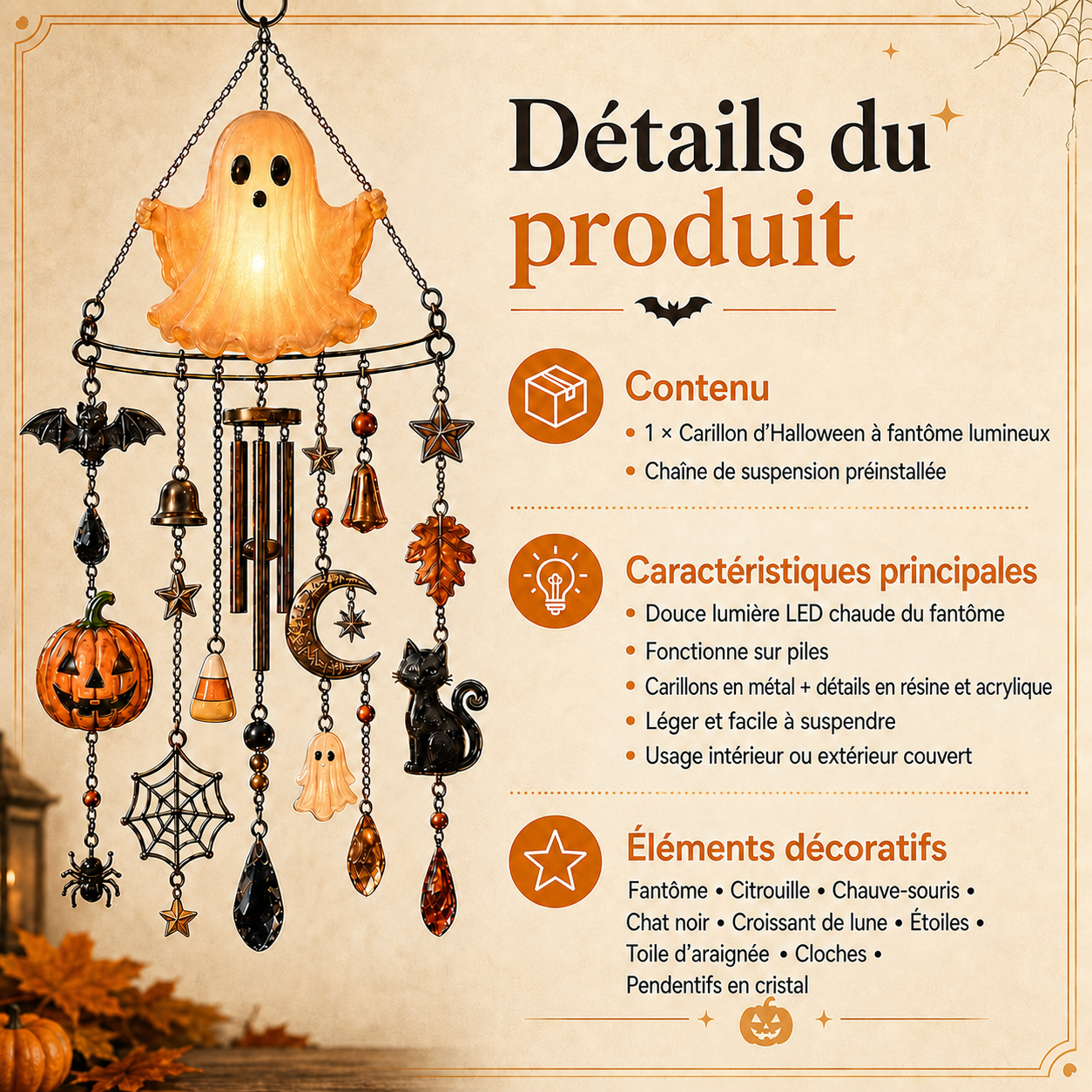 🔥 Offre de lancement 🎃 -50 % — 👻 Carillon fantôme lumineux d’Halloween – Décoration de jardin ensorcelante à l’éclat nocturne magique