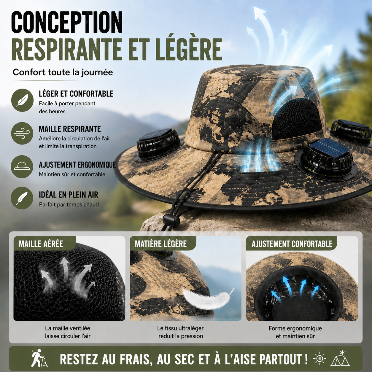 Chapeau solaire ventilé à 3 ventilateurs