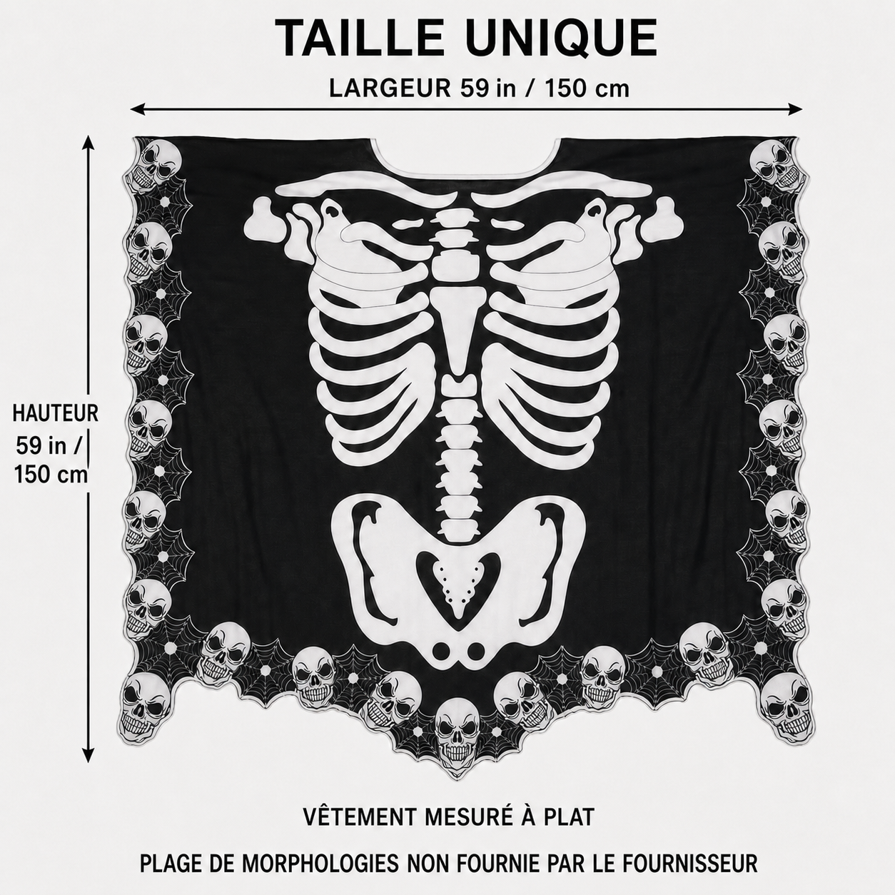 Cape poncho squelette noire et blanche pour Halloween