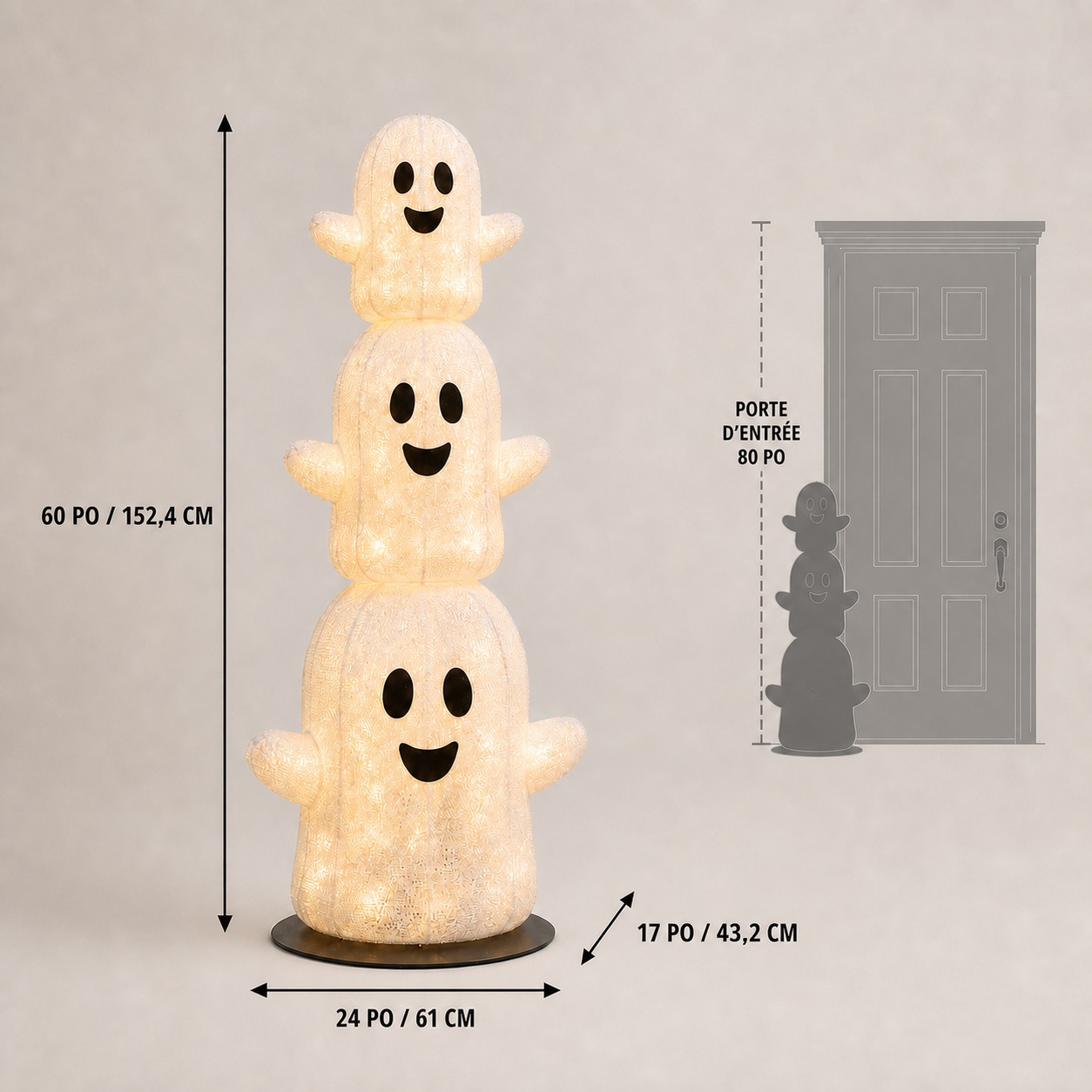 👻 Trio de fantômes lumineux empilés de 1,52 m ✨